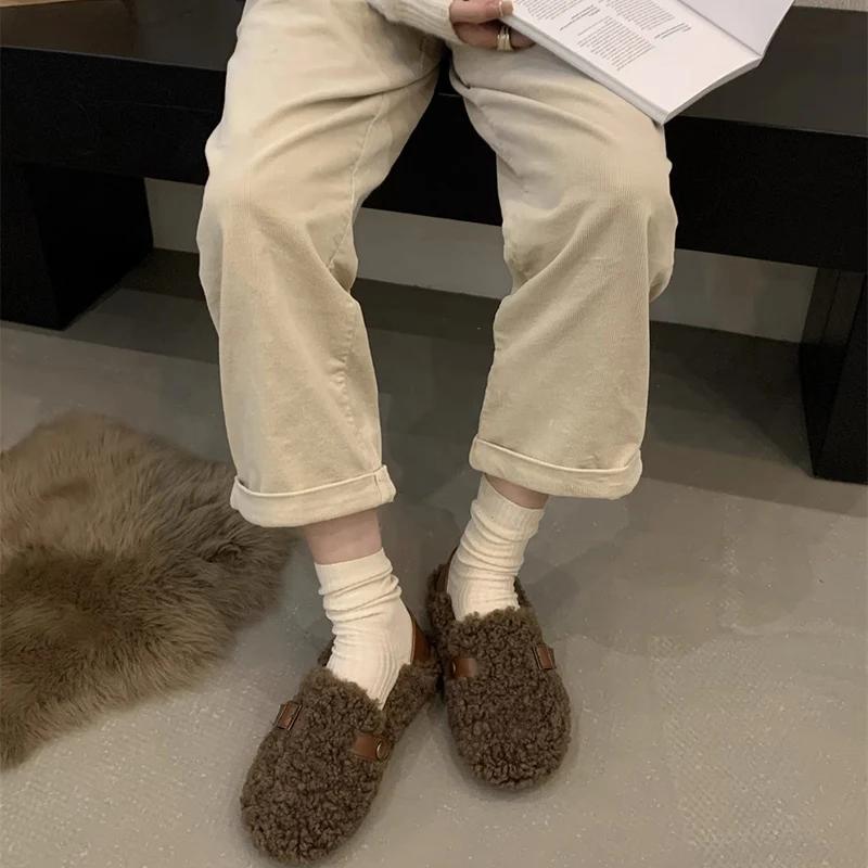 Новые модные женские лоферы из овечьей шерсти, обувь на плоской подошве, модная женская элегантная осенняя обувь без шнуровки на плоской подошве на плоской подошве