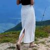 Женская летняя юбка 2025 года, белая в горошек, с высокой талией и разрезом - Универсальный и стройнящий стиль
