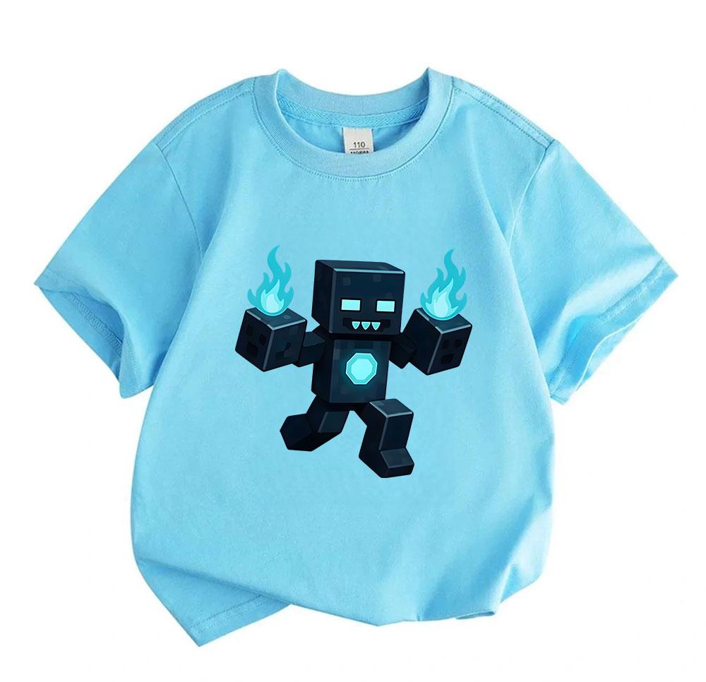 Kids Boys Girls Crew Neck Short Sleeve 100% Cotton T-Shirt, Cool Pixel Blue Fire Robot Print Casual Tees for Daily Wear, Cute Block Character Pattern