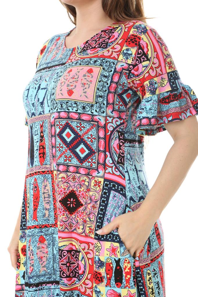 Женское платье большого размера с рюшами и карманами, с коротким рукавом, синее платье с узором в виде плитки