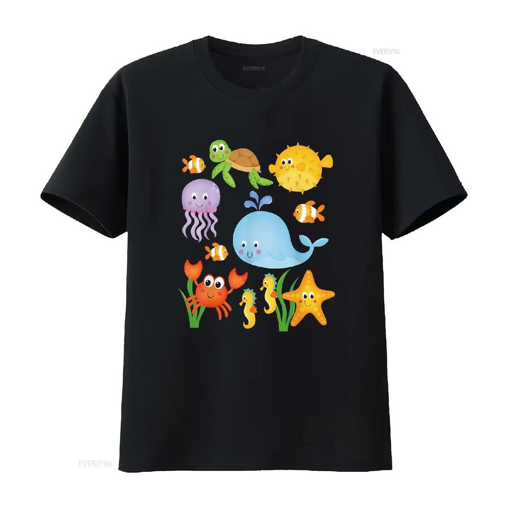 Sea Ocean Animals Whale Octopus Starfish Crab Kids Toddlers T Shirt vintage Washed Casual designer clothes fashion Breathable
