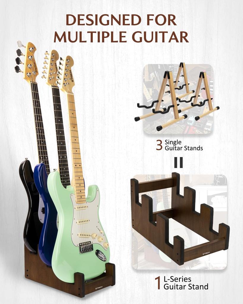 STRICH Wooden Guitar Front Stand for and Stage Walnut Color 3 L-3EW Floor-Mounted Stand, 3-Guitar Capacity, Display, Space-Saving, Multi-Guitar Home,