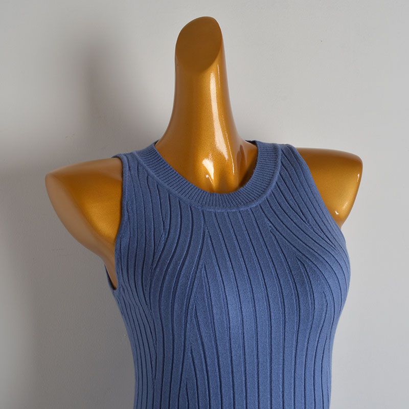 Foreign Trade Simple Color Simple Round Neck Strapless Sleeveless Knitted Dress Women Clothes Spring and Summer Waist Hugging Slimming Vest Long Dress