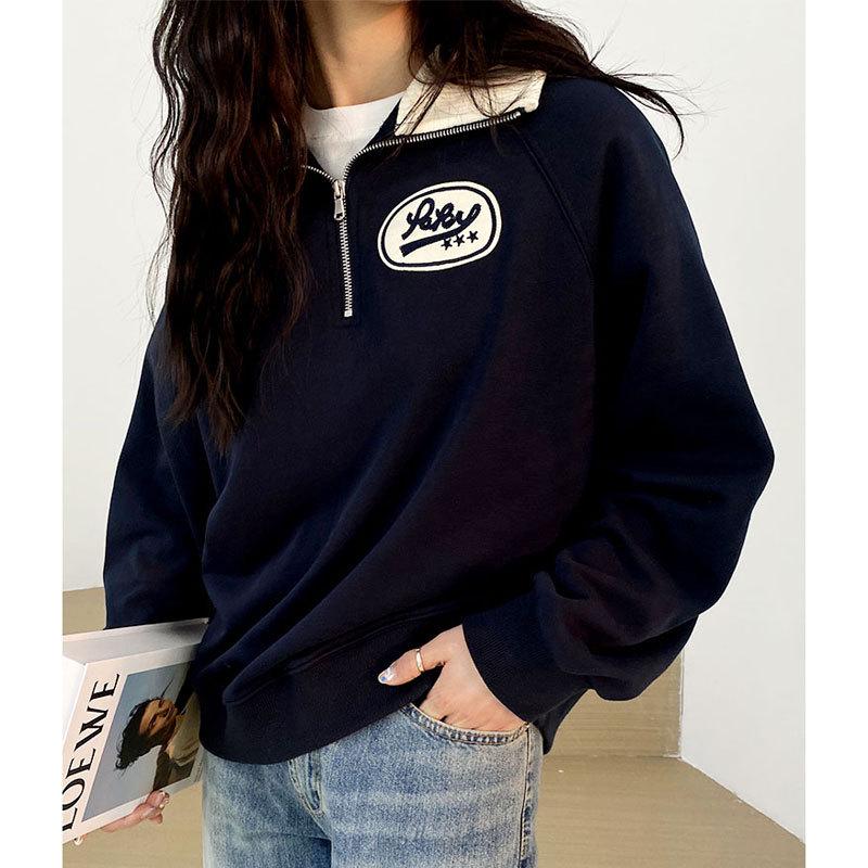 Женский ретро свитшот поло на молнии до середины - Маленький размер, Свободный крой, Корейский стиль, Весна/Осень 2025