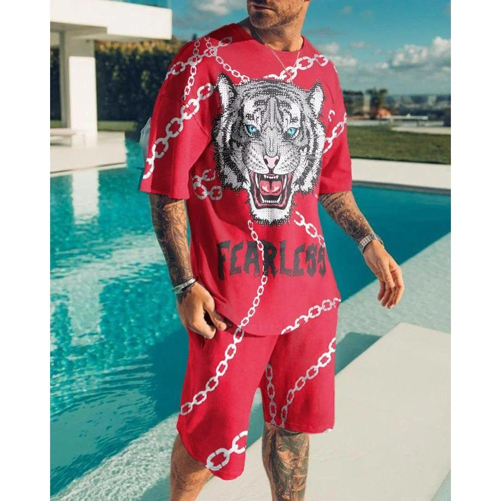 Летний комплект из 2 предметов с шортами с рисунком льва и свирепого зверя, повседневные уличные футболки и шорты, спортивный костюм с круглым вырезом и 3D-принтом