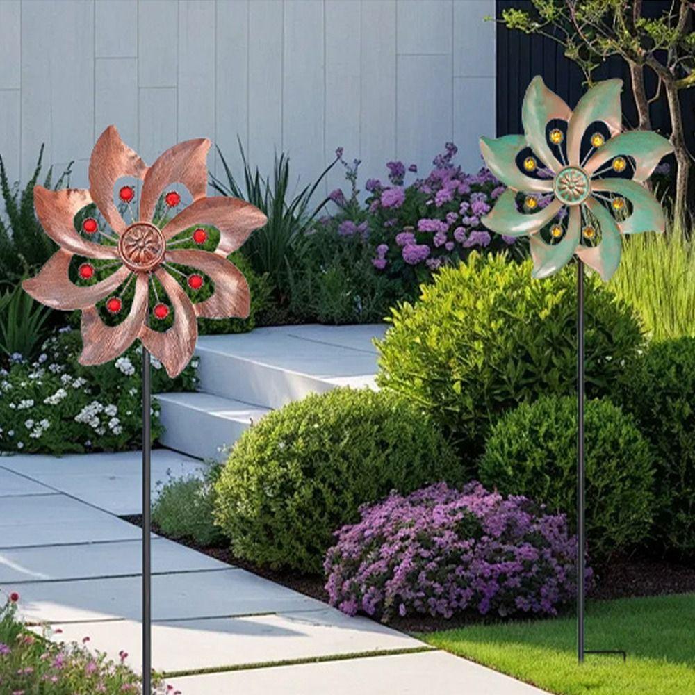Rotating Wind Spinners Metal Flower Pinwheel Double Windmill Sculpture  Lawn