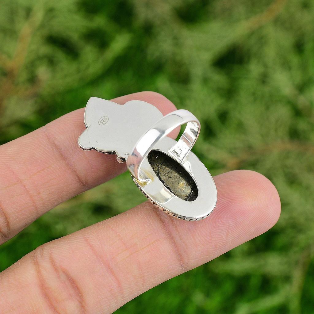 Mothers Day Sale Oval Pyrite Stone Solitaire Ring 925 Sterling Silver US 6.75