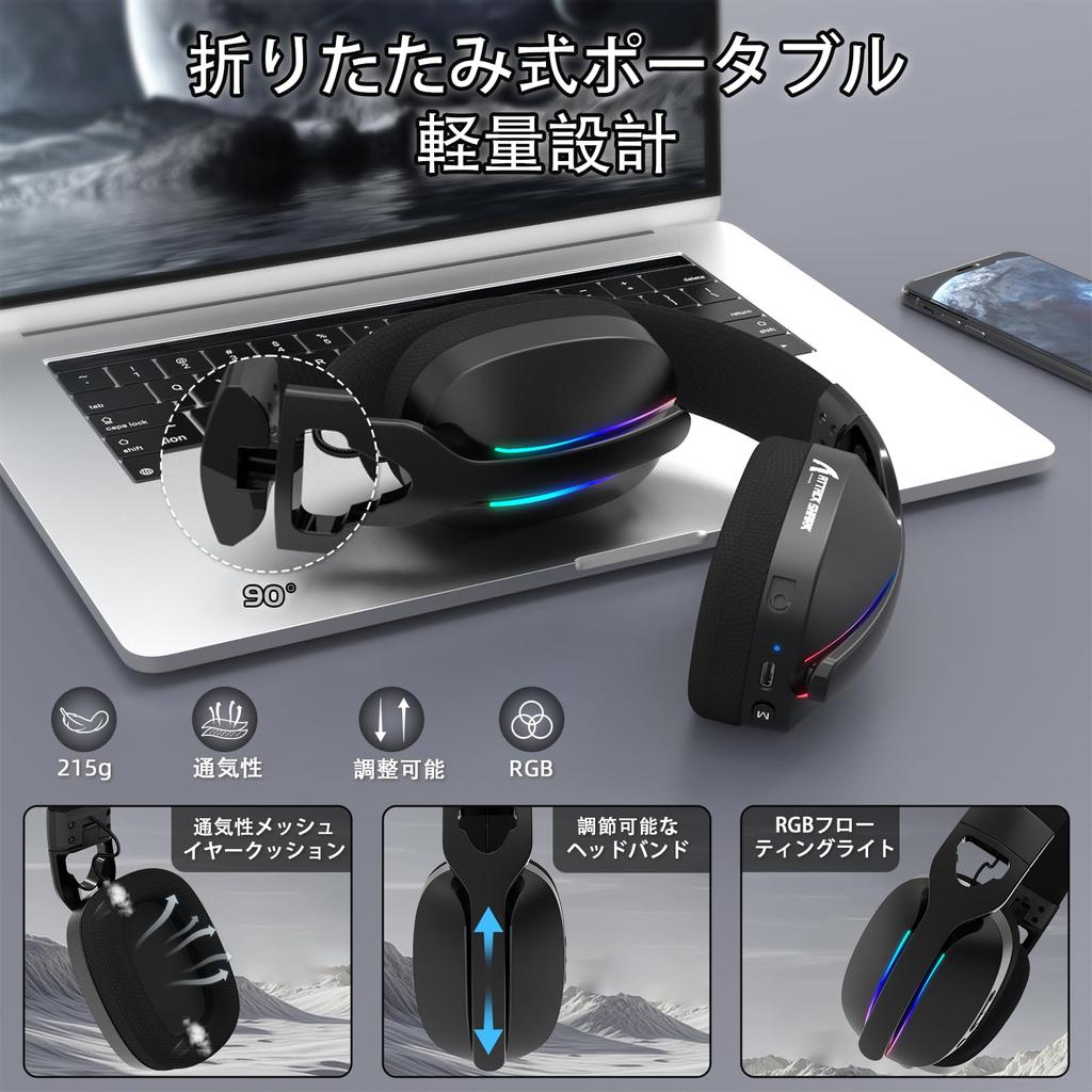 Игровая гарнитура ATTACK SHARK L90: Ультралегкий 216 г, 3 типа подключения (проводной 3,5 мм / Bluetooth 5.3 / беспроводной 2,4 ГГц), сверхнизкая задержка с Lights