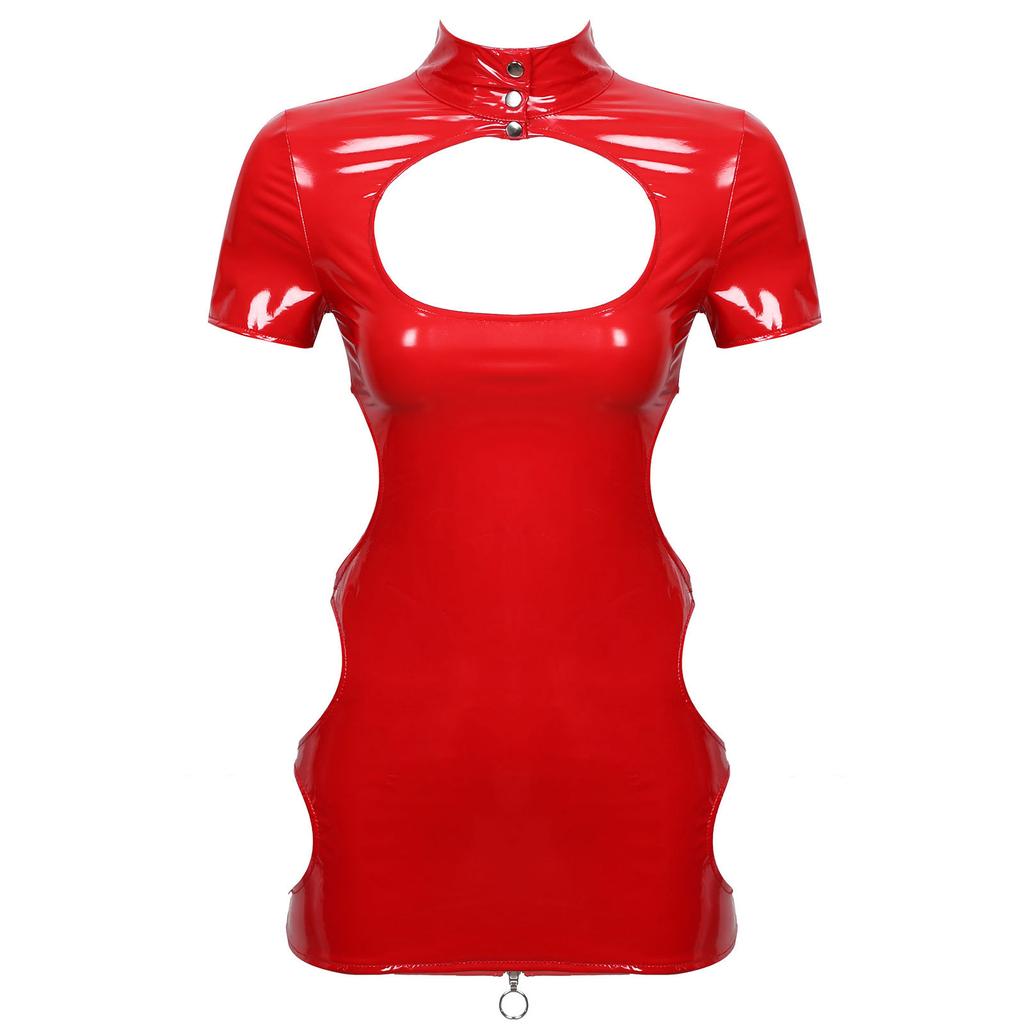 Sexy Club Dress Women Short Sleeve Stand Collar Bodycon Mini Dress