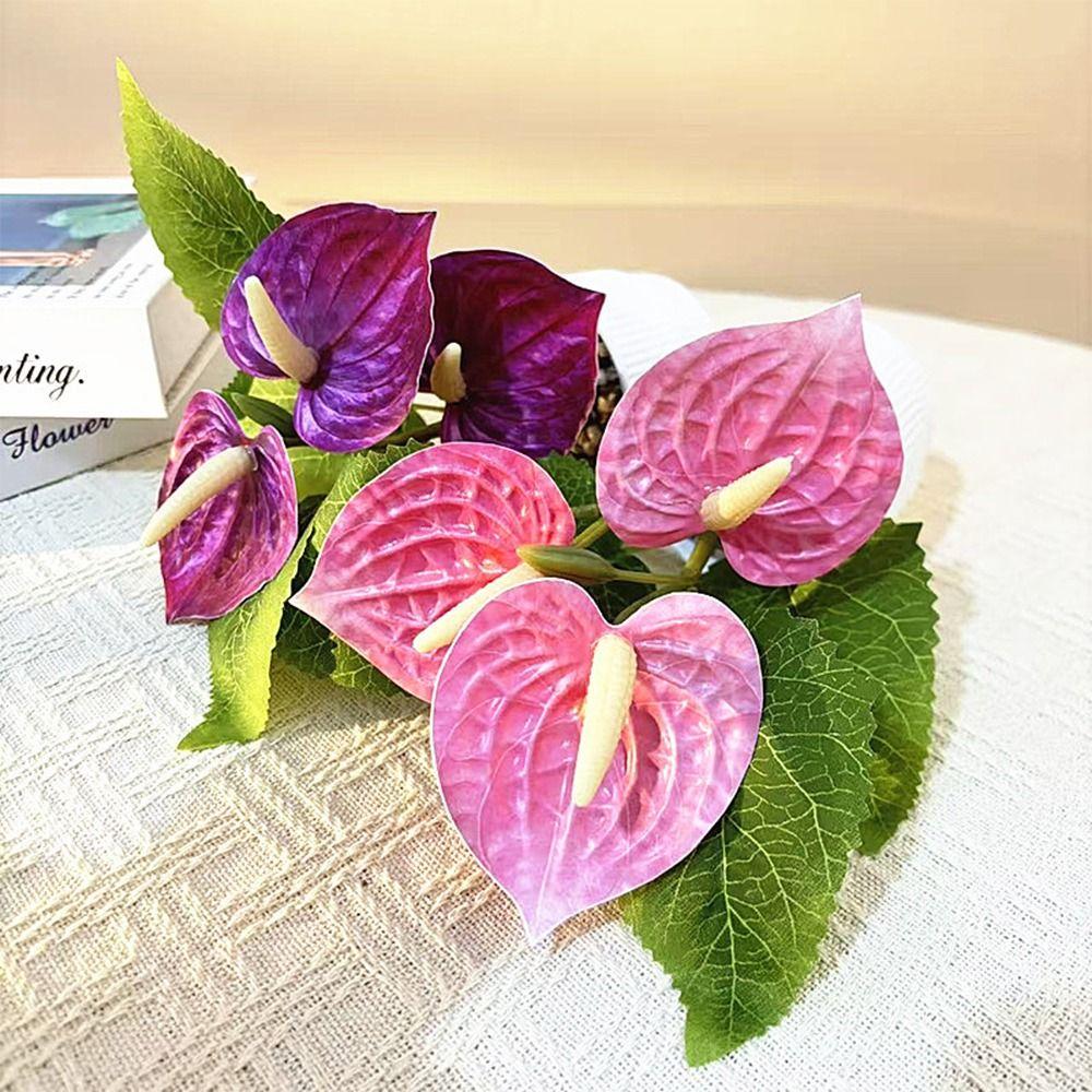 Multicolor Artificial Anthurium Bonsai Soft Rubber Real Touch Faux Red Palm Flowerpotted Photo Props Desktop Ornament
