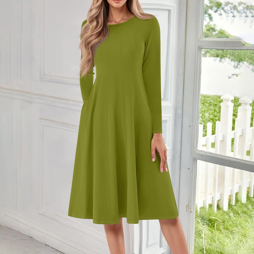 Женское повседневное модное платье миди с круглым вырезом и длинным рукавом