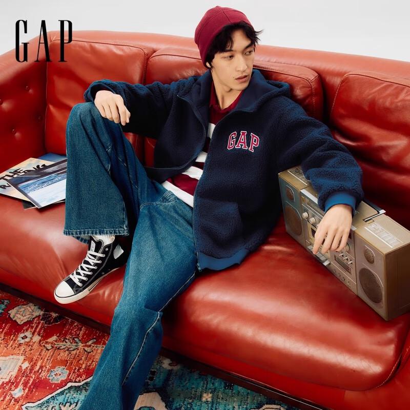 Gap Unisex Loose Fit Logo Embroidered Faux Fleece Zip Hoodie