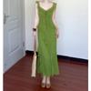 Green Floral Ruffled V-neck Camisole Dress for Women Summer Versatile New Slim Slim Long Skirt