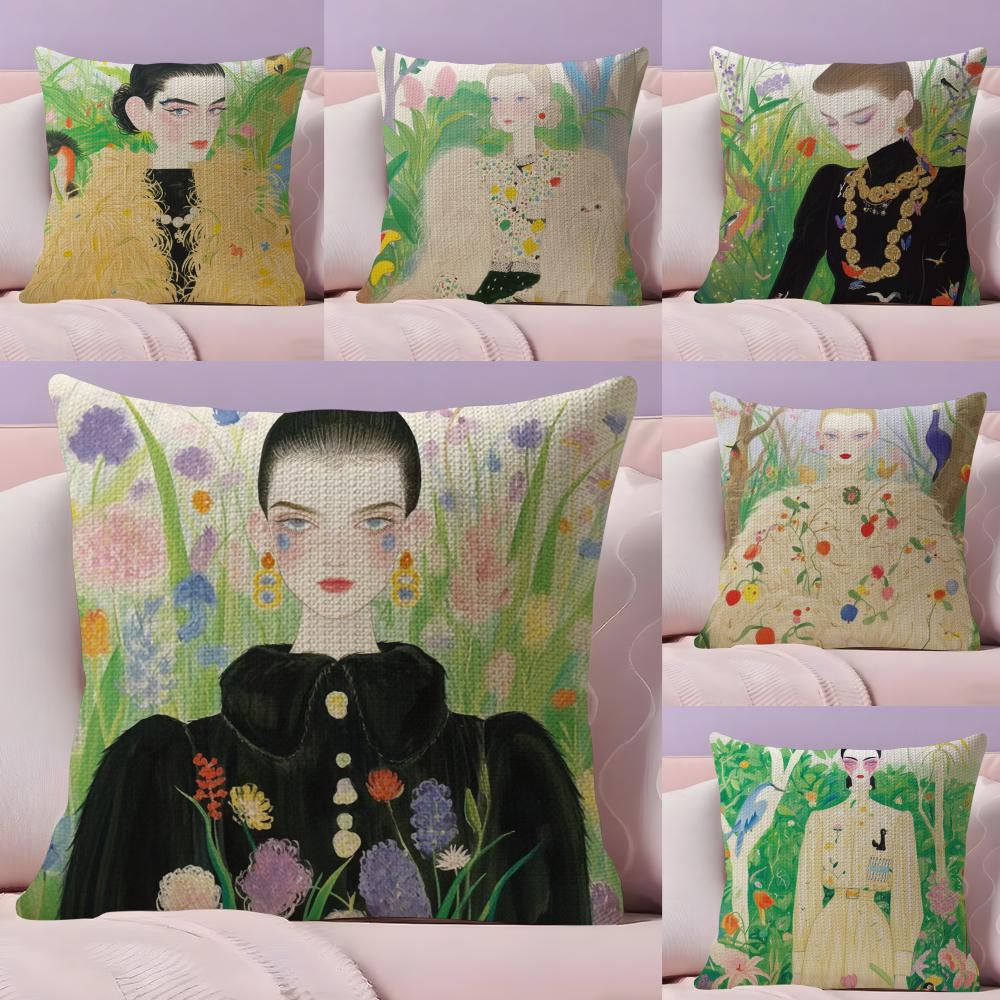 Fashion Illustration Cushion Cover Natural Linen Organic Fabric DoubleSided Printing Sofa Home Decor Breathable Bed Pillow