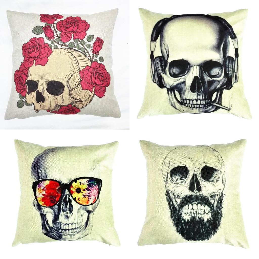 Skull Pattern Cushion Cover With Printed Linen For Lounge And Sleep Space