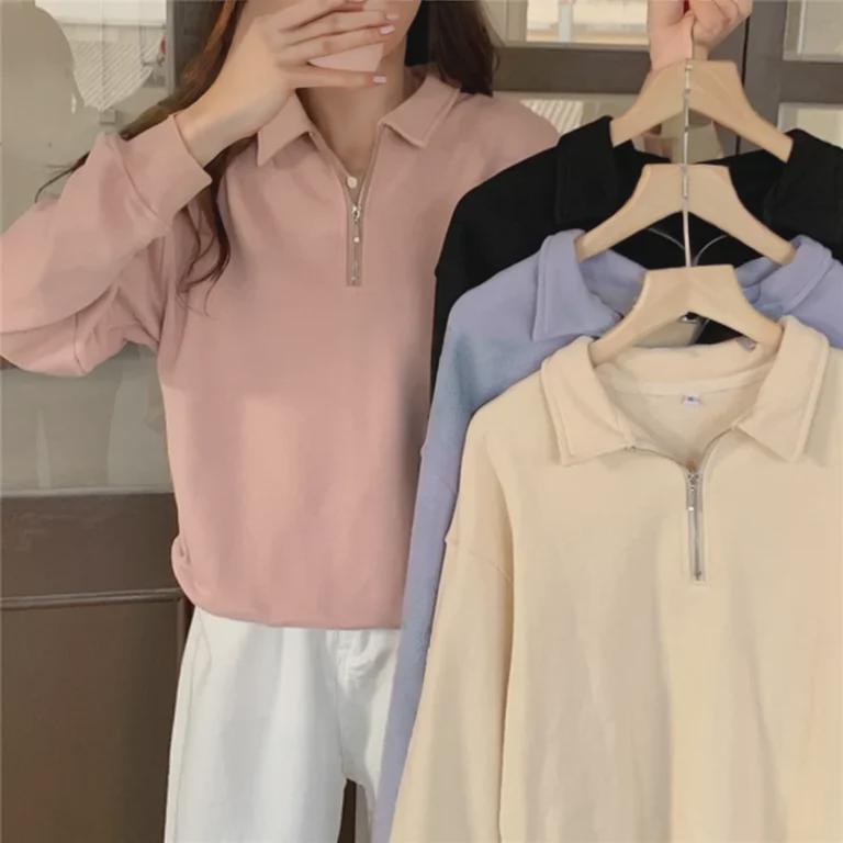 Женская толстовка Harajuku Oversize с воротником-стойкой - повседневный топ в гонконгском стиле для студентов