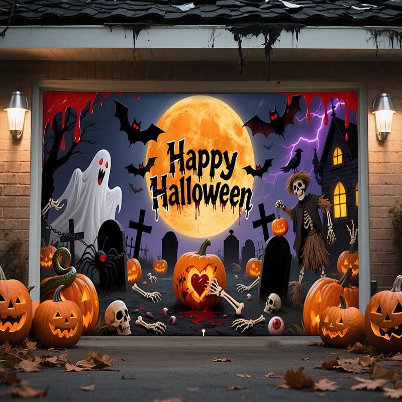 1 2D flat Halloween polyester background cloth - ghost bat pumpkin lantern design - indoor and outdoor decoration