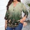 Plus Size Women's Fashion Casual Vintage Print V-Neck 3/4 Sleeve Button T-Shirt Top