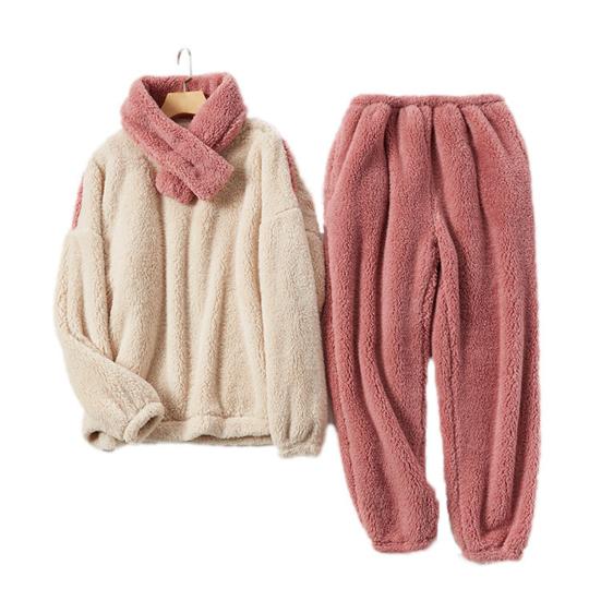 Пушистый пижамный комплект для женщин, мягкий флисовый пуловер, комплект из 2 предметов, домашняя одежда с шарфом, зимний плюшевый теплый комплект для сна