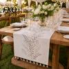 Scratch Resistant Table Runner Floral Embroidered Runner, Elegant Dining Cover, White Rustic High Quality Linen with Tassels for Home