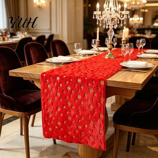 Festive Table Centerpiece Decor Christmas Plush Runner, Foil Stamped Golden Tree Snowflake Protective Furniture Fabric Fuzzy Holiday Dining Cover for