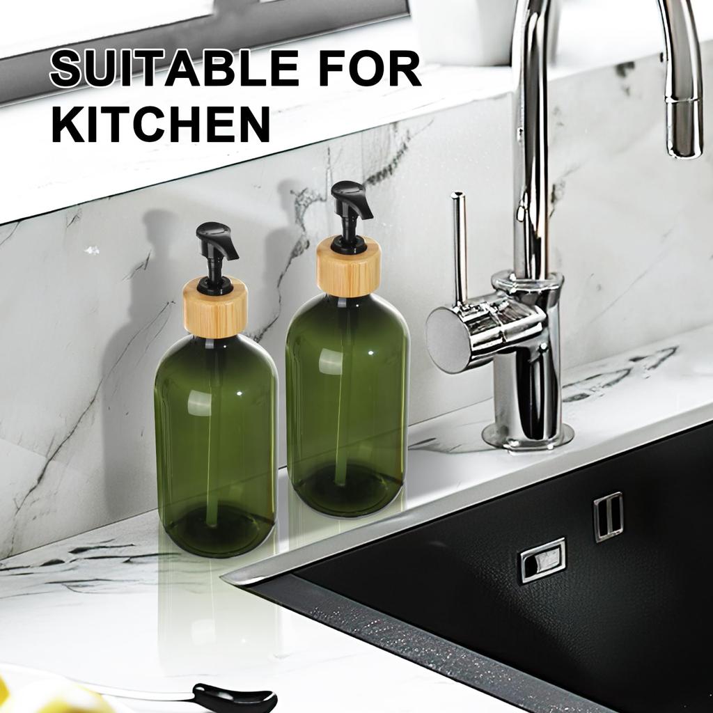 KASUNTING 2 Pack Plastic Soap Dispenser with Bamboo Pump Head 17 oz Green Refillable Liquid Hand Soap Lotion Pump Bottle for Bathroom Kitchen