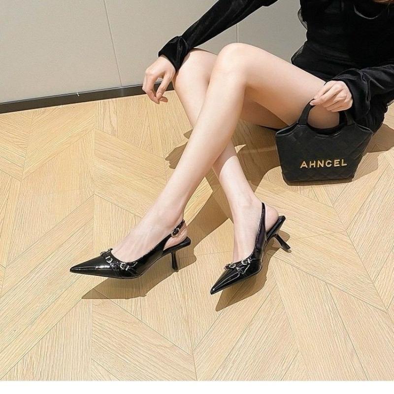Fashion Women Sandals Pointed Toe Summer Dress Shoes Thin High Heels Back Strap Rivet Design Casual Pumps Ladies Black Mid Heel Sandals