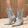 Зимние уличные ботинки из денима с острым носком, женские дизайнерские туфли на высоком каблуке с вышивкой в стиле вестерн-квадрат, Zapatos Mujer
