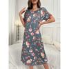 Большой размер, круглый вырез, короткий рукав, синий цвет с цветами абрикоса, домашняя одежда, ночная рубашка, платье, повседневный стиль, женская одежда с принтом