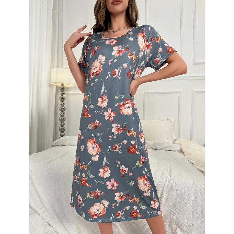 Большой размер, круглый вырез, короткий рукав, синий цвет с цветами абрикоса, домашняя одежда, ночная рубашка, платье, повседневный стиль, женская одежда с принтом