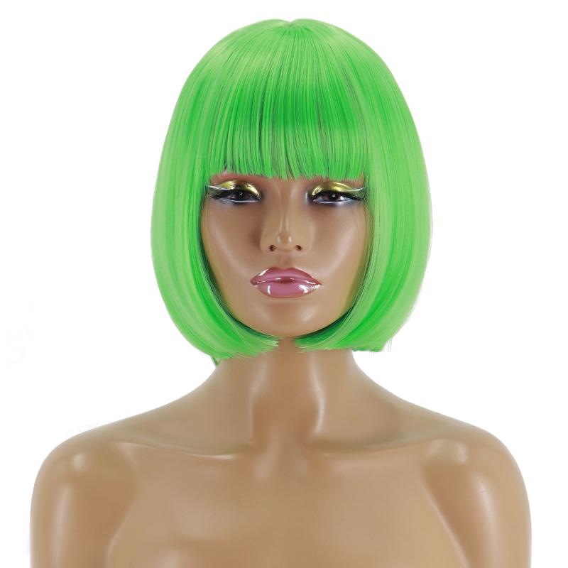 MISS WIG Женская мода Косплей Короткий прямой парик Боб с челкой Зеленый Розовый Красное вино Хэллоуин Синтетический парик Длина плеч