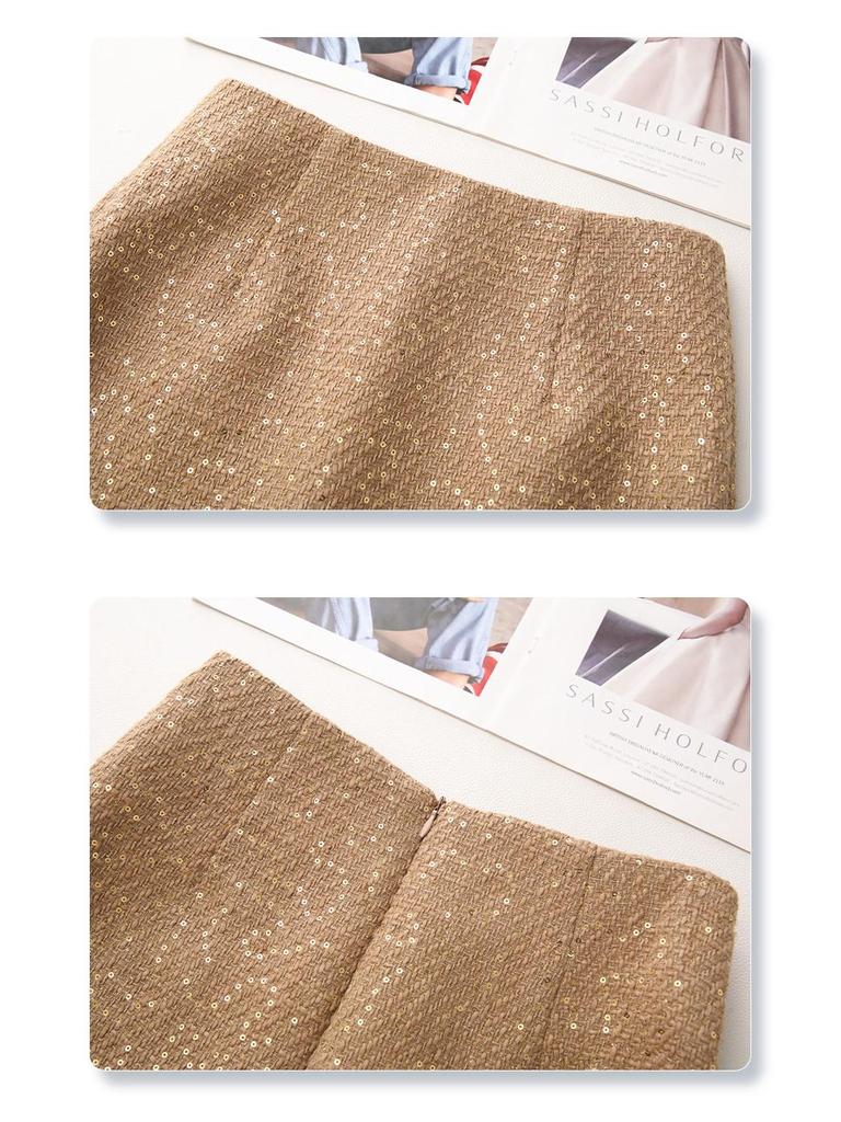 2024 Женская желтая твидовая юбка миди с пайетками – Осенне-зимняя прямая облегающая