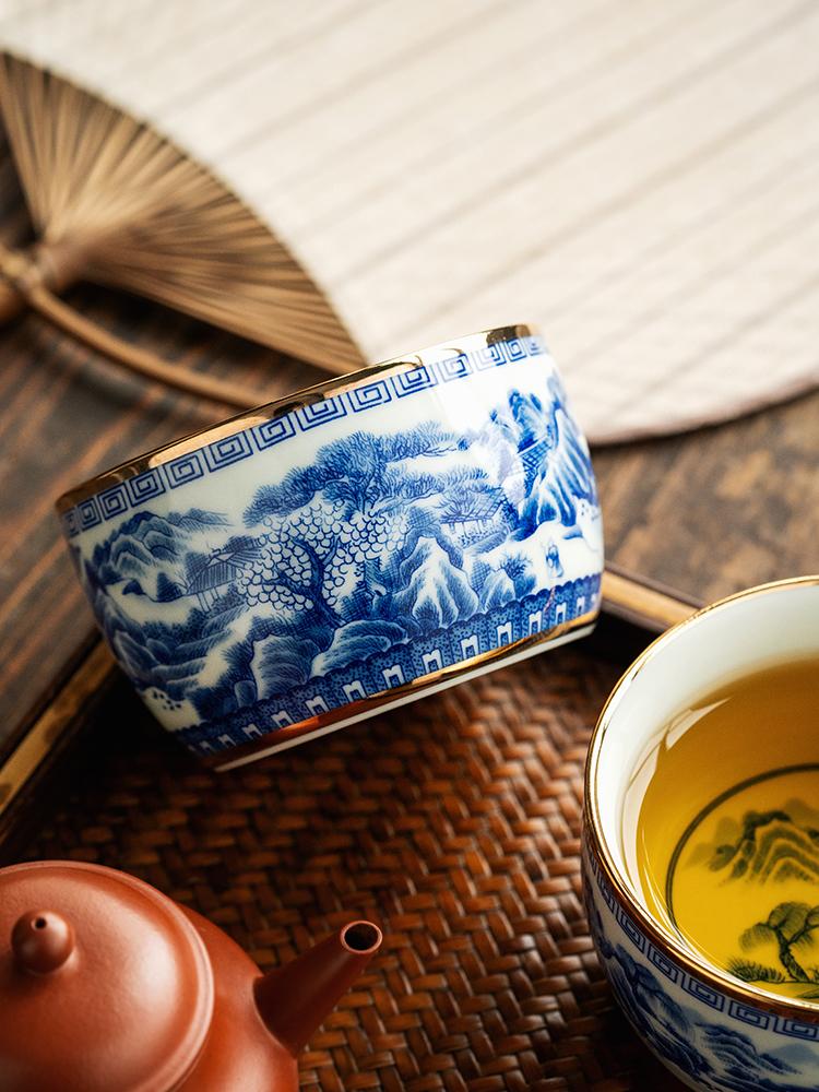 Ручная роспись, сине-белая пейзажная мастер-чашка, инкрустированная золотом, керамический чайный сервиз кунг-фу, чайная чашка, специальная чайная чаша высокого класса