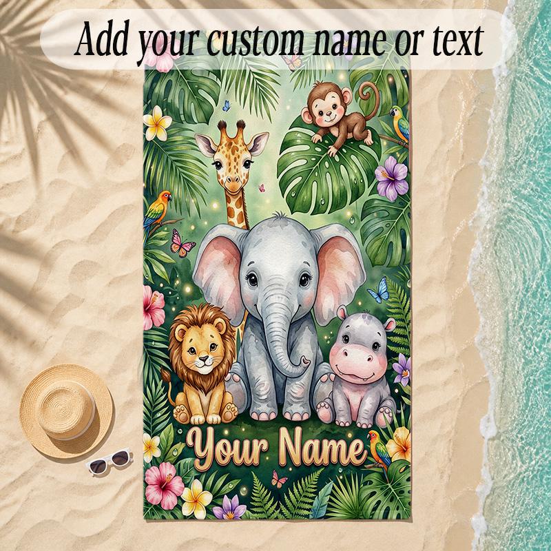 Animals Theme Soft Beach Towel Personalized Custom Name Text Towel Portable for Beach Pool Travel