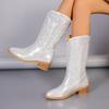 Fashion High Quality Shoes Western Cowboy Boots Fashion Women Mid-calf Boots Glitter Bling Shiny Trend High Heels Botas Mujer 2024