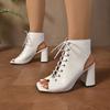 Fashion Women's Thick Heel Sandals Summer New Square Head Shallow Mouth Front Lacing Anti-slip Wear-resistant High Heels