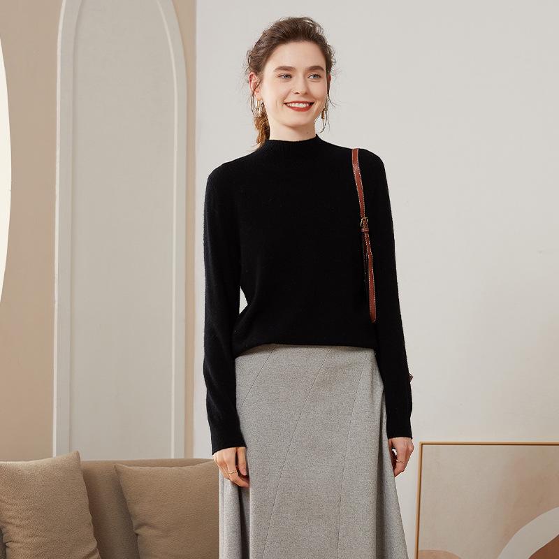 Women's Cashmere Half-High Collar Knit Sweater - Loose, Slimming Base Layer Top