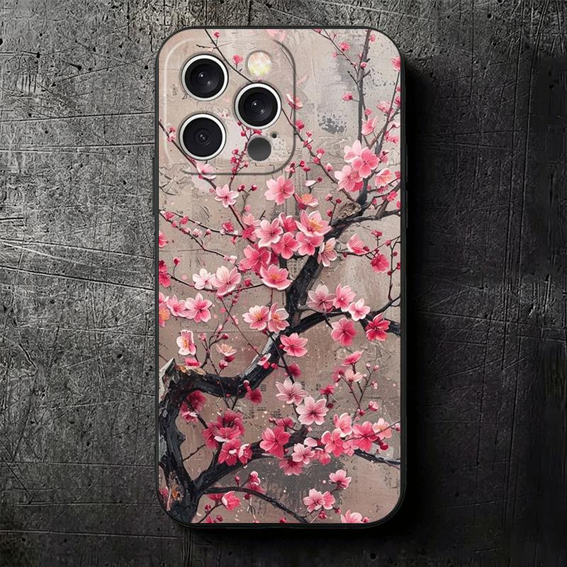 Cherry Blossom Sakura Fashion Soft Phone Case for iPhone 16 16E 17 Air 15 Pro Max 14 Plus 13 Mini 11 12 7 Black Cover Back Shell