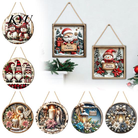 Winter Home Ornaments Christmas Wooden Hanging Sign, Gnome Snowman Angel Candle 2D Wood Plaque, Festive Theme Wall Decoration Vintage Xmas Door Hanger