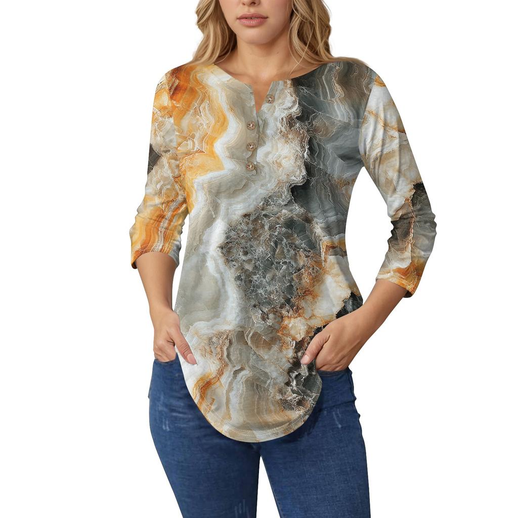 3/4 Length Sleeve Womens Tops Summer T-Shirts Floral Print V Neck Casual Basic Tee Button Shirts Tunic Tops