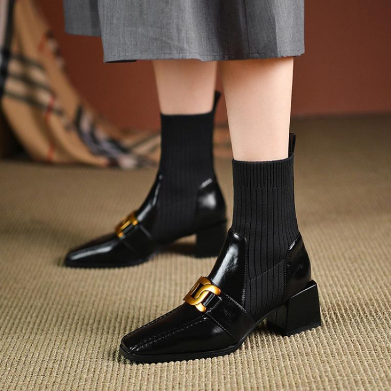 Корейская версия женских ботинок мартин квадратный носок большой размер низкий каблук кожаные ботинки женские удобные квадратный каблук женские ботинки осень и зима