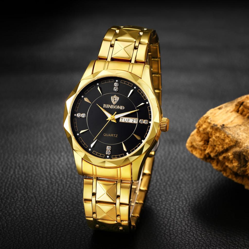 Gold Analog Simple Day of the Week Calendar 3ATM Waterproof Casual Business Stainless Steel Strap Watch Day Day Christmas Present Men's Men's -