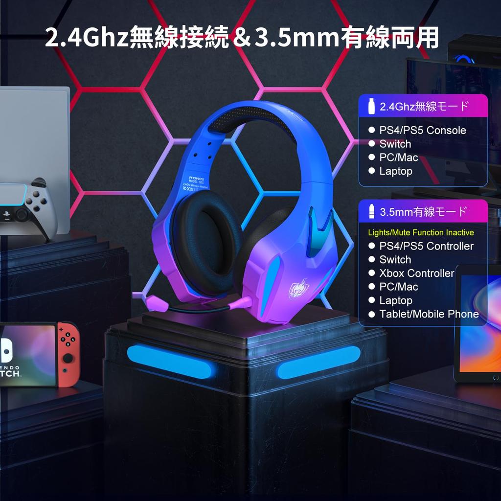 YOTMS Gaming Headset for Wired and Wireless Low USB Sound LED Low Noise Deep Controller PS5, Dual-Use Headphones, Latency, 2.4GHz 7.1, Effects, Light,