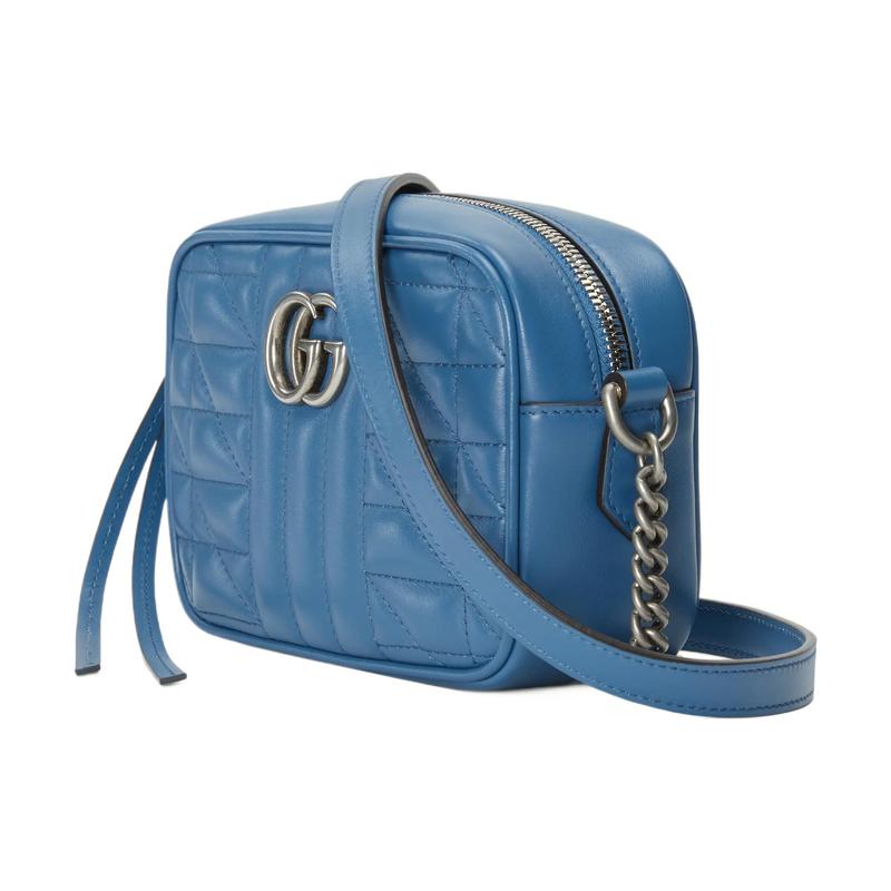 Gucci GG Marmont distressed Marmont silver logo vertical stripe twill quilted chain leather camera bag crossbody bag shoulder bag mini women's blue