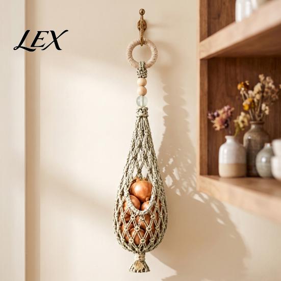 Wall Mounted Kitchen Vegetable Saver Handwoven Cotton Rope Storage Mesh Bag, Wall-Mounted Bohemian Style Organizer, Decorative Hanging Basket