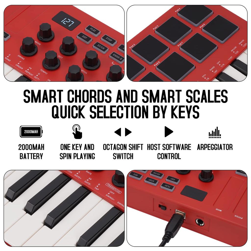 SMK-25 Key MIDI Controller W/8 RGB Pads/8 Assignable 360°knobs/Bluetooth 5.0/USB-B Type Interface/2000mAh Battery Powered