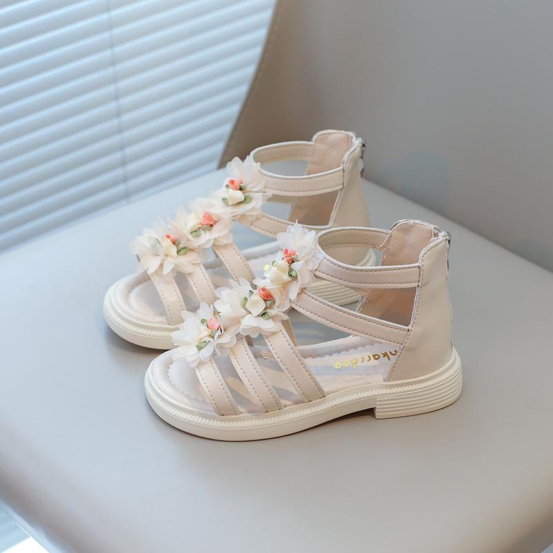 Сандалии для девочек с цветочным принтом, милые гладиаторские пляжные сандалии принцессы 2024 года, новинка лета в богемном стиле с цветами, детские сандалии на молнии, мягкие