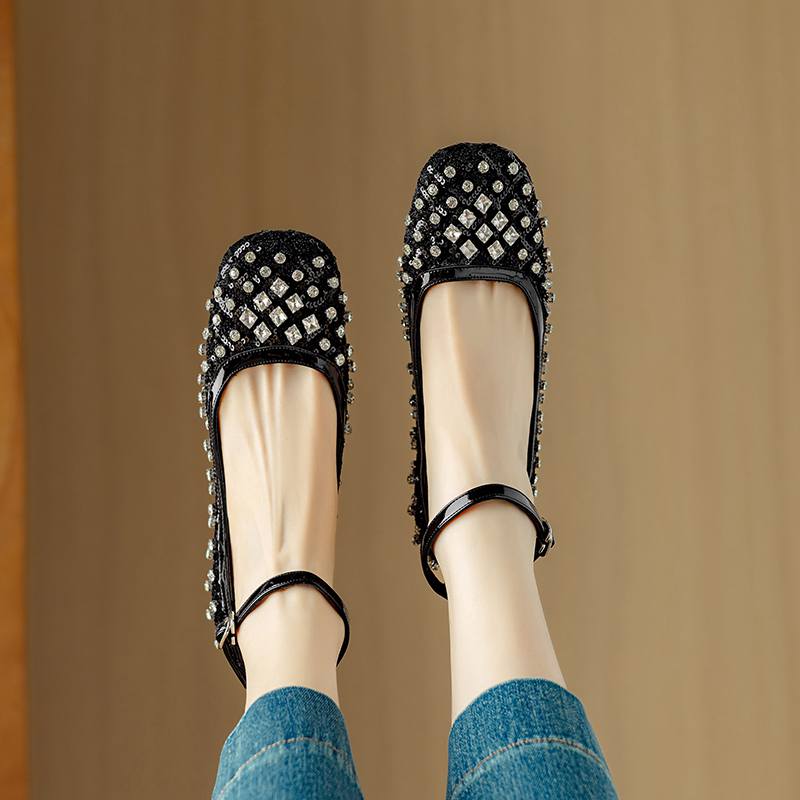 Krazing Pot Трикотаж Овчина Лето Размер 40 Кристалл Низкий каблук Ремешки на щиколотке Стразы Квадратный носок Элегантные Милые Туфли