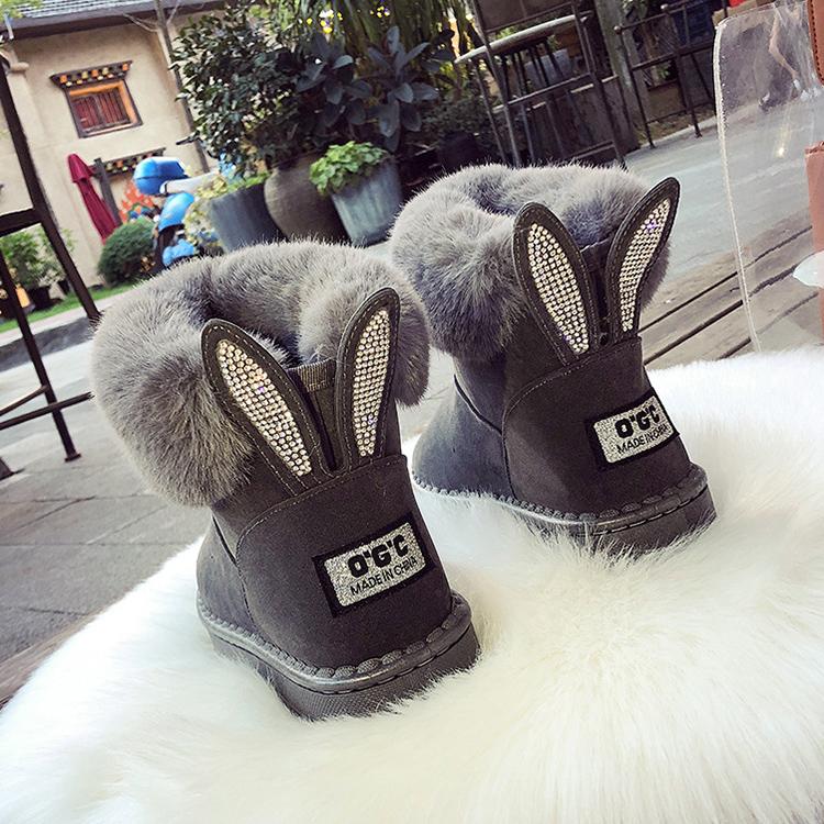 Rhinestone Rabbit Ear Women Winter Snow Boots Velvet Padded Shoes Boots Outdoor Fur Keep Warm Shoes Female Solid Casual Boots