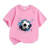 Kids Boys Girls 100% Cotton Crew Neck Short Sleeve T-Shirt, Classic Soccer Ball Blue Ink Splash Pattern Casual Soft Breathable Tee for Daily Outdoor S